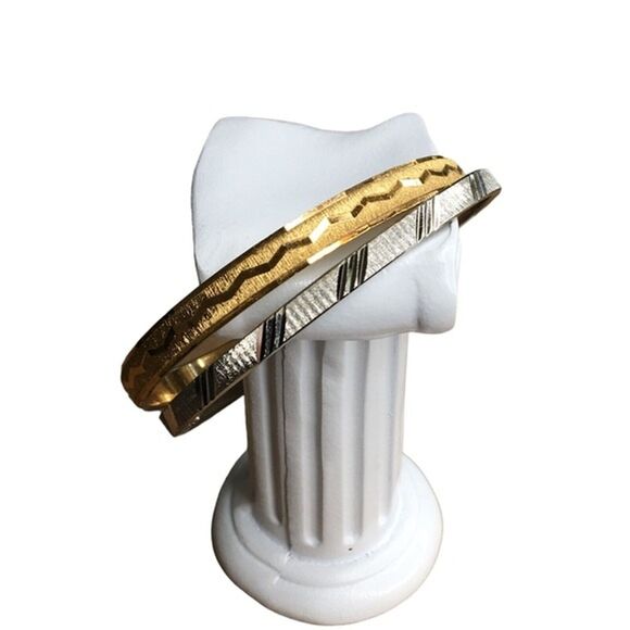 Vtg Monet Bangles Bracelets Classic Gold/Silver Tone Minimalist Laser Cut Jingle - Picture 3 of 5